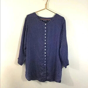 Halston Silk Blouse Tunic Navy Blue with White Polka Dots Size Medium